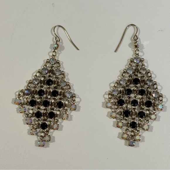 Black and clear rhinestones dangle earrings set in silver tone pierced ear #036 - Picture 1 of 7
